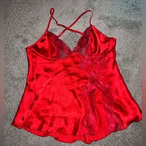 Vintage Shirley of Holleywood Red Lace Satin Top. Slit and bow details in front